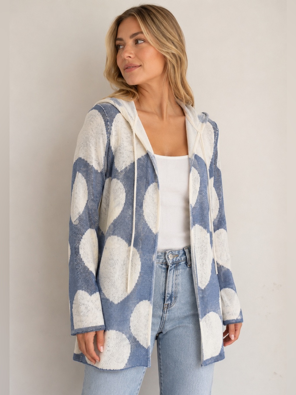 Y2K Heart Print Hooded Knit Top | Open Front Lightweight Sweater · FDJ